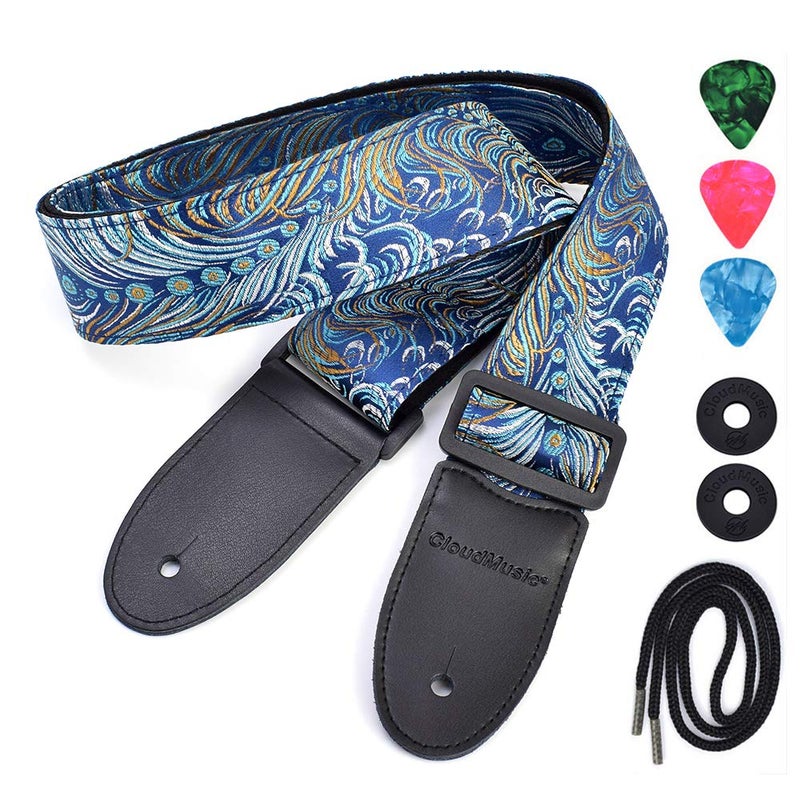 CLOUDMUSIC Guitar Strap For Acoustic Electric Embroidered Jacquard Vintage Floral Patterns(Colorful Feather In Blue) - Image 2